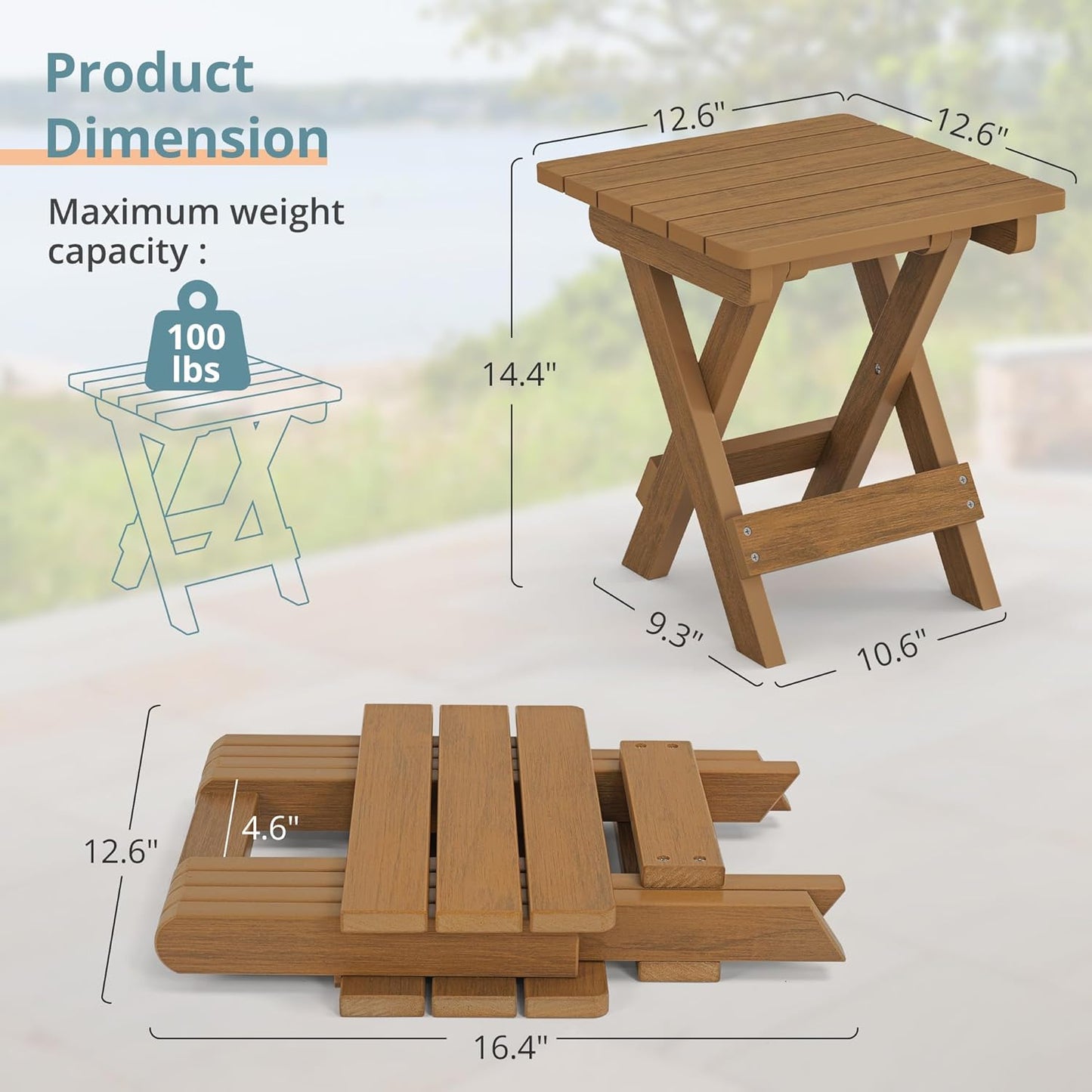 LUE BONA Small Outdoor Folding Side Table, HDPS Outside End Table for Patio, Porch, Deck, Pool, 14 Inch Height, Teak Color Oil Printed