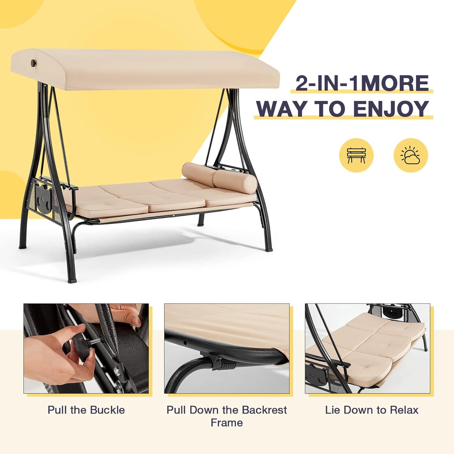 HOMREST 3 Person Outdoor Porch Swing with 1.5" Upgraded Cup Holder, Adjustable Canopy, Backrest, Patio Swing Bed with Weather Resistant Steel Frame, Cushions for Garden,Deck and Poolside(Khaki)