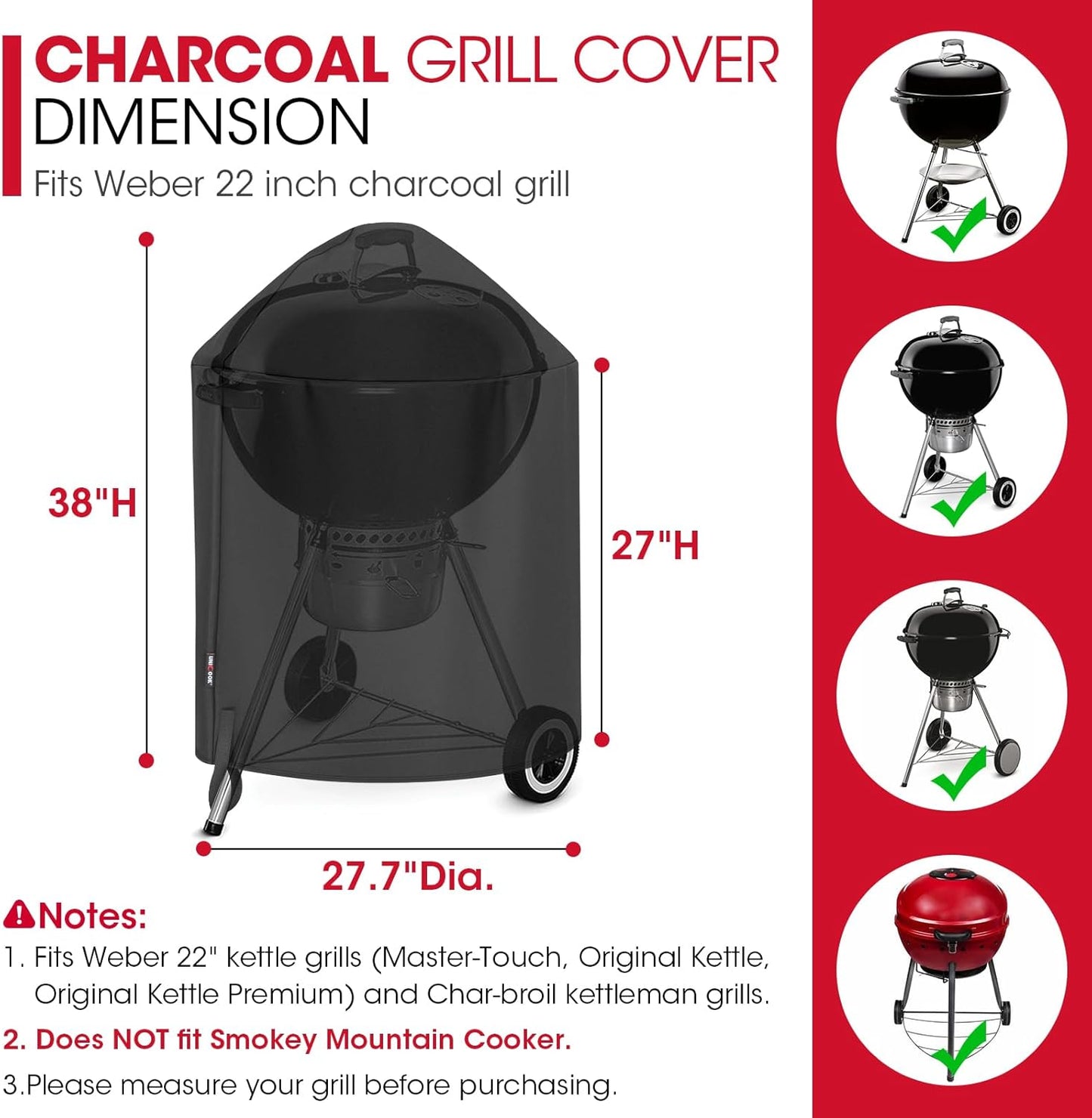 Unicook Round Kettle Grill Cover Compatible with Weber 22 Inch Charcoal Grill, Heavy Duty Waterproof Fade Resistant Small Smoker Cover, All Weather Protection