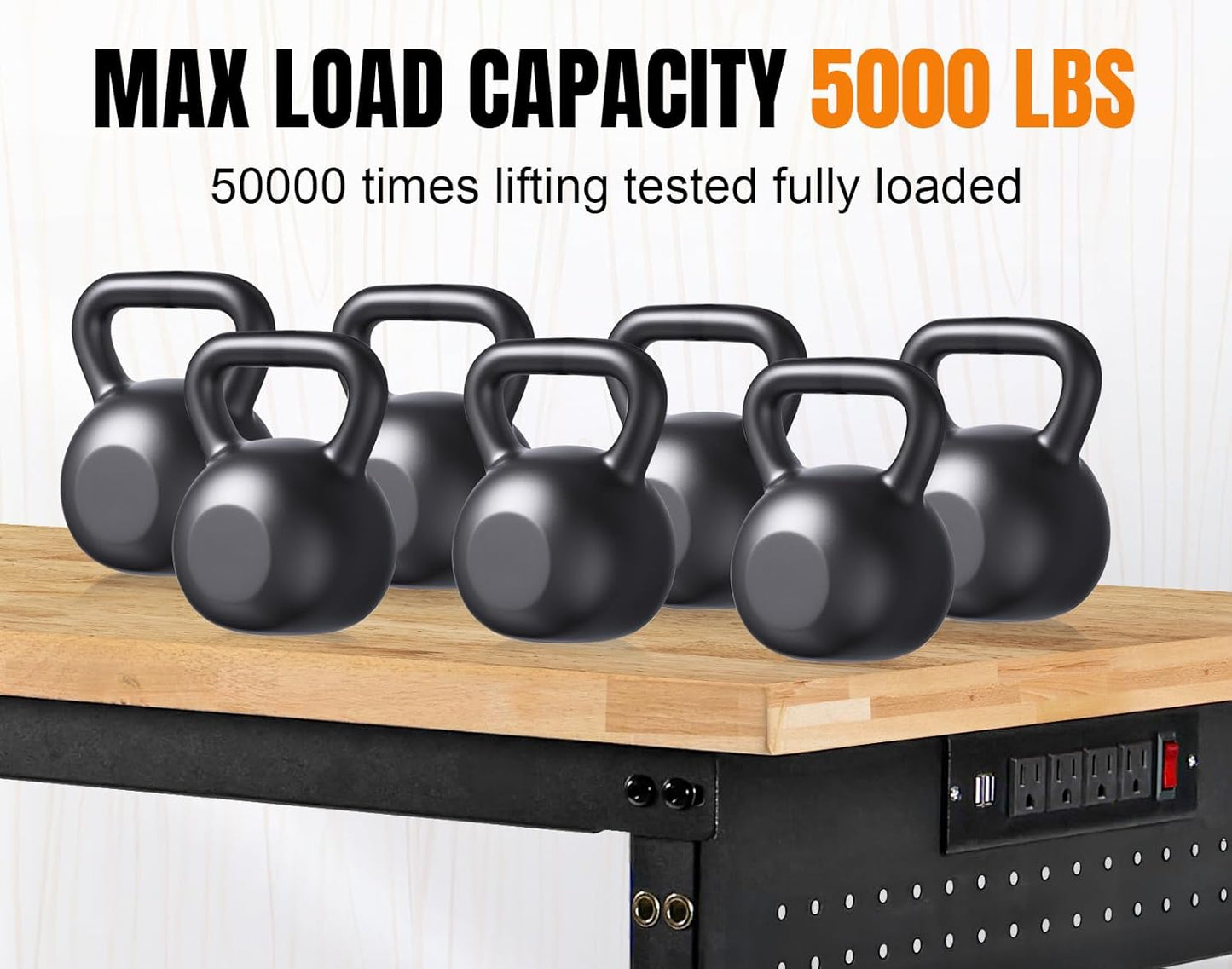 84” Adjustable Height Workbench, 5000 LBS Heavy Duty Table Rubber Wood Workstation with Power Outlet & Pegboard for Garage, Office, Workshop, Home,Commercial