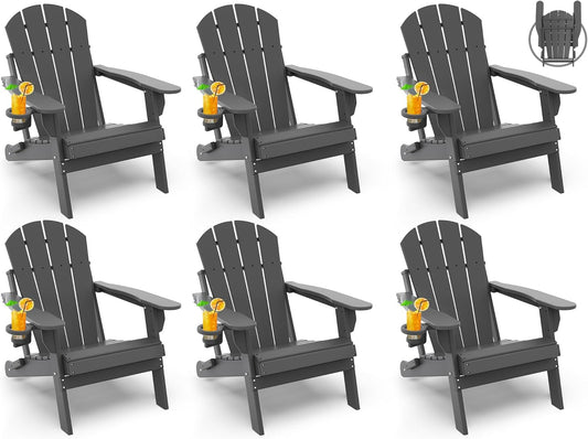 GREENVINES Folding-Adirondack-Chairs-Set-of-6 | HDPE Plastic | Fire Pit Chair | All Weather | Cup Holder | Grey | for Deck Backyard Patio Outdoor Garden