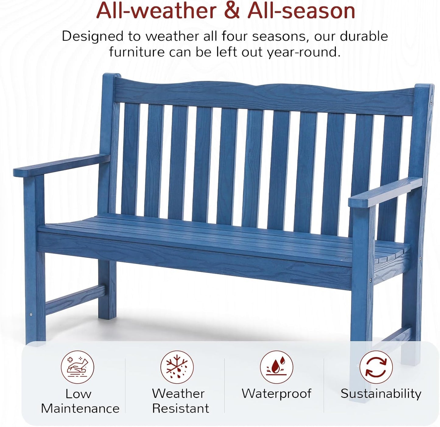 Outdoor Benches Set of 2, 2-Person All-Weather HIPS Garden Bench with 800 lbs Weight Capacity, Never Rot or Fade, Blue