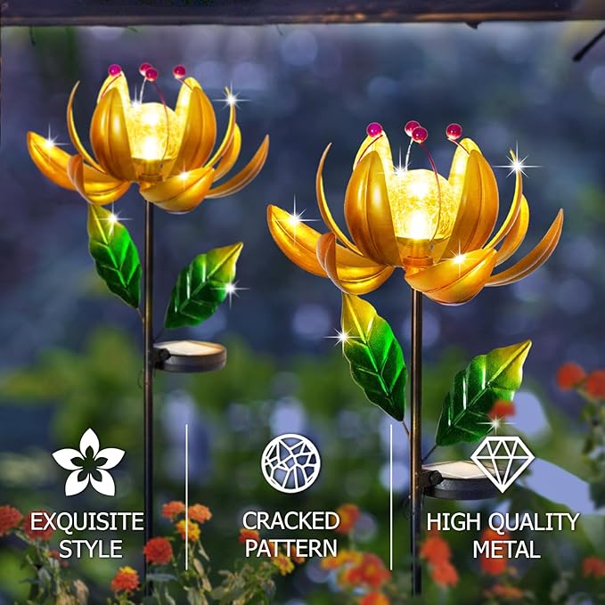 Solar Lights Wind Spinners for Yard and Garden - Metal Lotus Flower Windmills LED Crackle Glass Globe Outdoor Garden Decor Yard Art Lawn Ornament