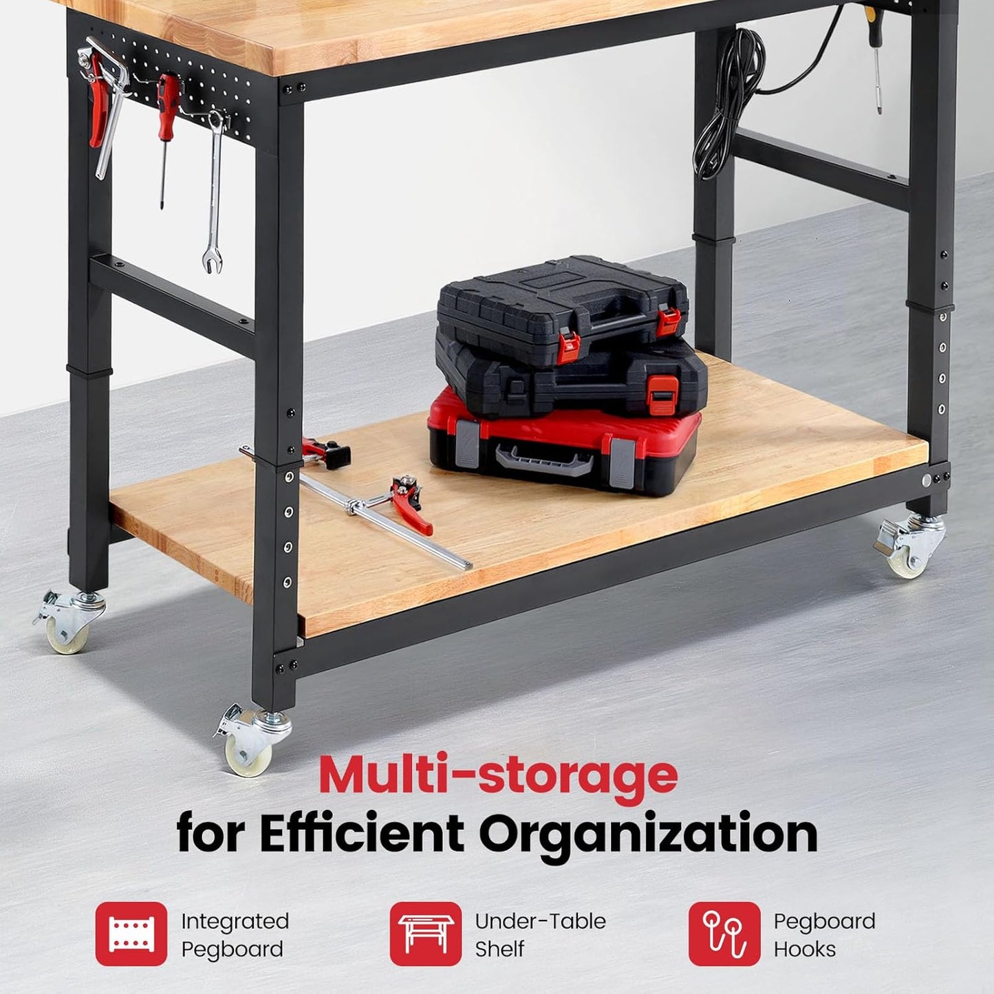 Work Bench for Garage Adjustable Workbenches with Storage 60 Inch Garage Workbench with Under Table Shelf, Pegboard, Power Outlets for Woodworking, Home, Office, Workshop