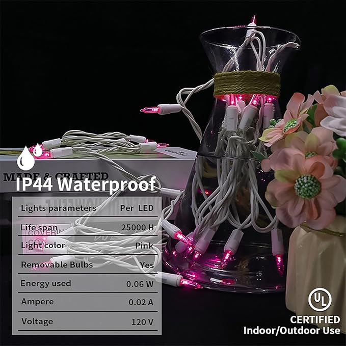 Pink LED Christmas Lights - 35 Count Pink Christmas String Lights for Small Tree, Crafts, Bedroom, Wedding, Indoor and Outdoor Valentines Day Decorations, 11 Feet White Wire, UL Certified, Connectable