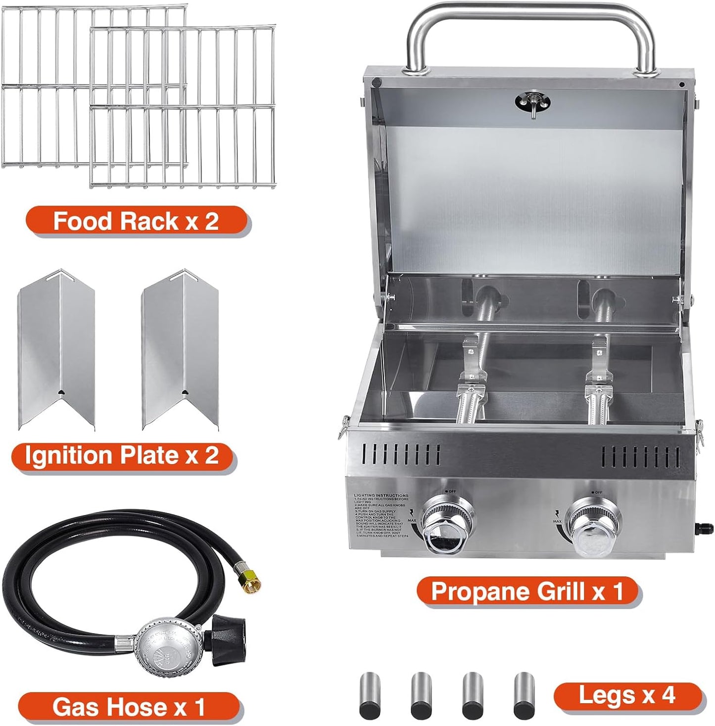 Llamaviva 2 Burners Tabletop Gas Grill, 20,000 BTUs Portable Stainless Steel Propane Grill with Legs for Tailgating, Outdoor Patio Backyard Camping, and RV Trips - food clip