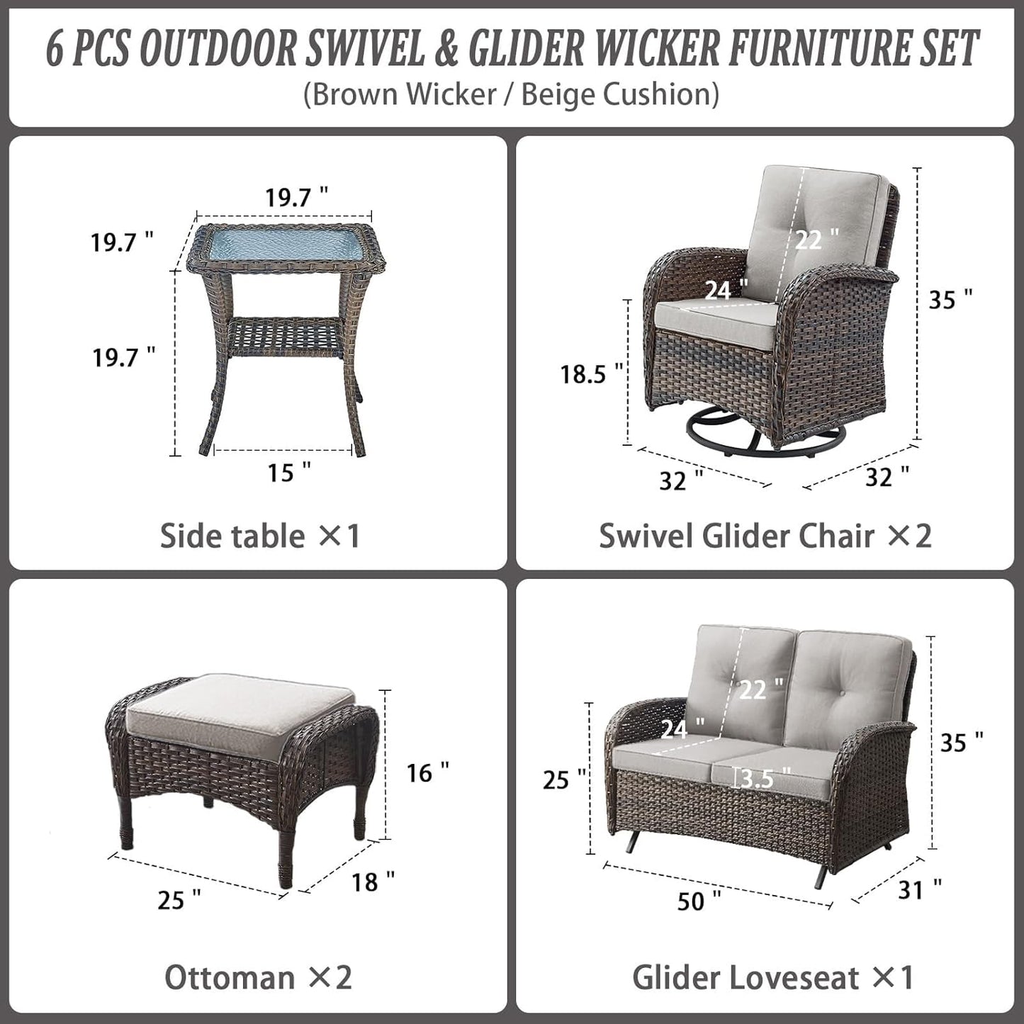 6 Pieces Wicker Patio Conversation Sets with Outdoor Swivel Rocker Chairs and Loveseat Glider Chair, All-Weather Rattan Furniture Set for Deck Patio Backyard Sunroom Brown