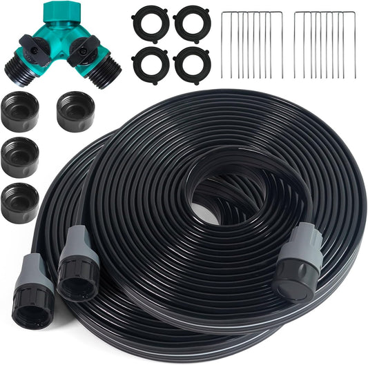 Sprinkler Flat Soaker Hose 50 ft (25 ft 2-pack) with Garden Staples and Splitters, PVC Drip Line Irrigation Hose for Lawn, Garden Beds