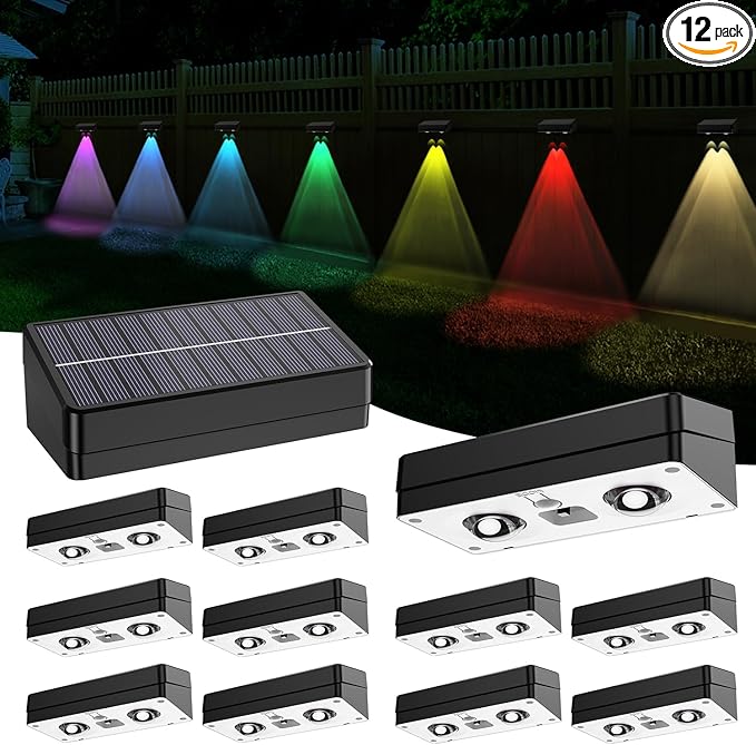 Solar Fence Lights 12 Pack, RGB Fence Solar Lights Outdoor Waterproof Led, 12 Modes Color Changing Outside Lightings Decor for Wall Railing Patio Deck Backyard Garden Pool