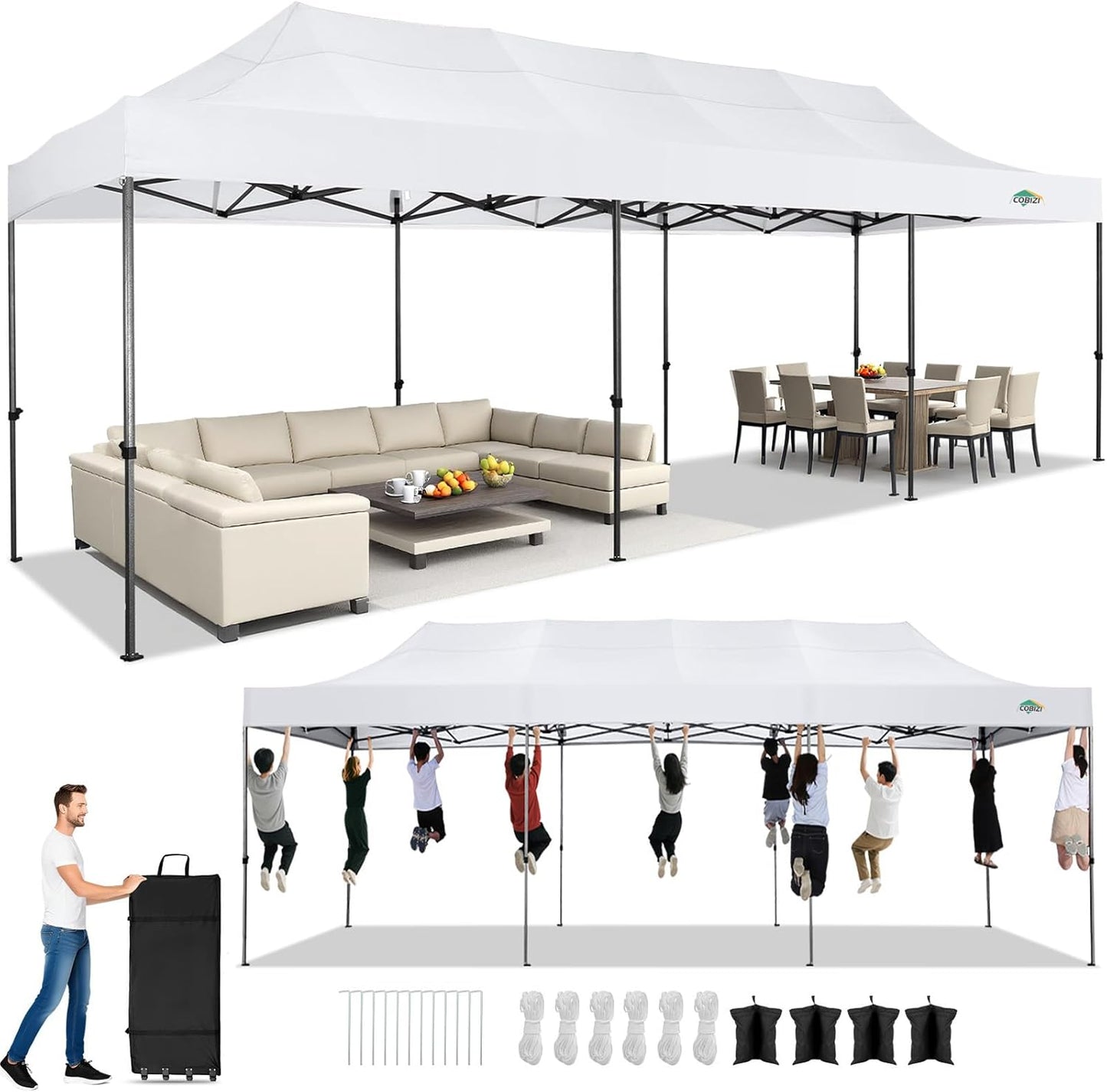 COBIZI 10x30 Pop up Canopy Heavy Duty Without Sidewalls, Easy Set-up Commercial Outdoor Party, 100% Waterproof Wedding Canopy Gazebo, 3 Height Adjustable with Wheeled Bag, White