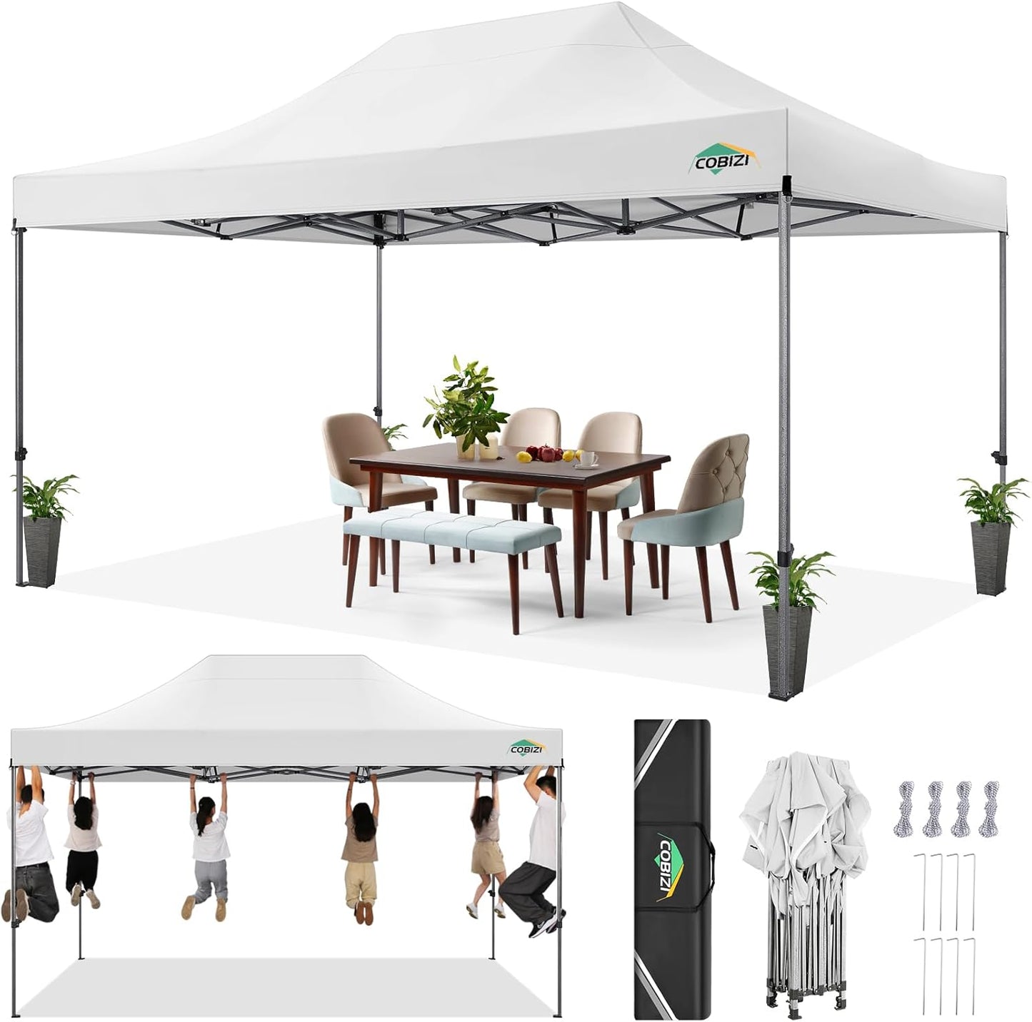 COBIZI 10x15 Heavy Duty Pop up Canopy Tent Easy Up Commercial Outdoor Canopy Wedding Party Tents for Parties All Season Wind & Waterproof Gazebo with Carry Bag, White(Frame Thickened)