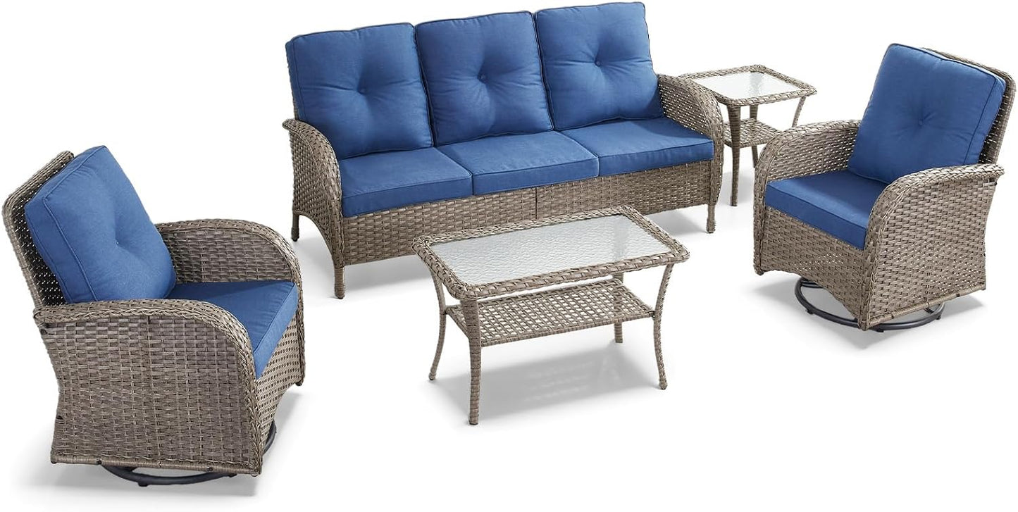 HUMMUH Wicker Patio Furniture Set-All Weather Rattan Patio Sofa Set with Swivel Rocker Chairs Outdoor Conversation Set for Deck Lawn Porch Balcony Poolside-Grey/Blue