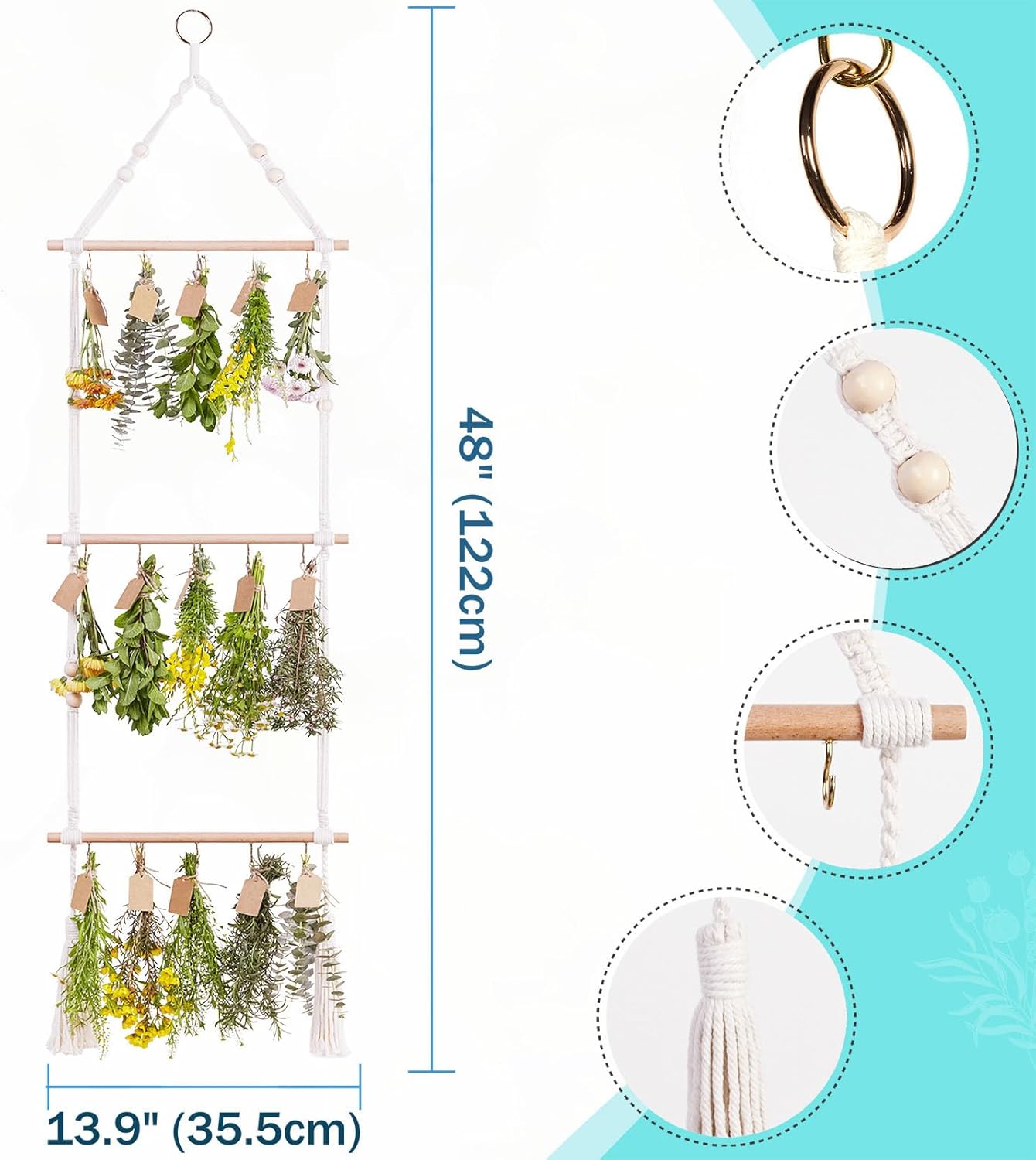 3Tier Herb Drying Rack Flower Drying with 25PCS Brown Gift Tags and 32ft Natural Jute Twine herb Dryer,Herb Drying Rack,Hanging Herb Dryer Rack, Ivory