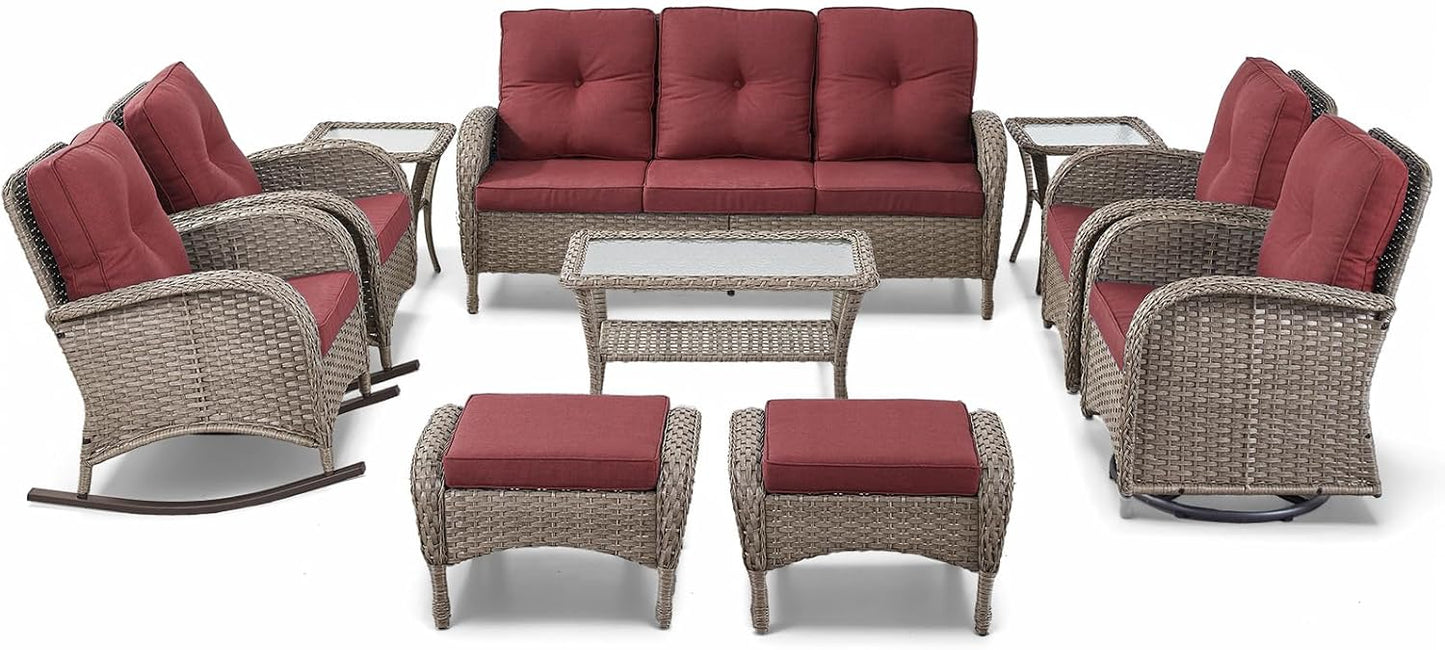 Patio Furniture-All Weather Wicker Patio Conversation Sets with Swivel Patio Chairs High Back Outdoor Couch with Swivel Rocking Chairs Outdoor Furniture for Deck Lawn Porch Balcony Poolside-Grey/Red