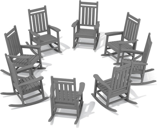 SERWALL HDPE Outdoor Rocking Chair Set of 8, Patio Rocking Chairs for Adults, All Weather Outdoor Rockers for Lawn, Grey