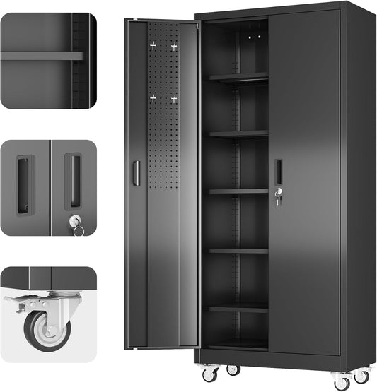 Aobabo 71" H×32" W×16" D Metal Storage Cabinet with Wheels, Garage Steel Storage Cabinet with 5 Adjustable Shelves and 4 Hooks for Home Office, Kitchen, Assembly Required, Black