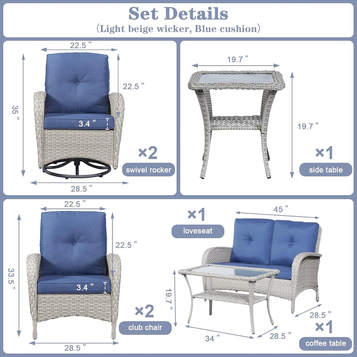 Patio Conversation Sets Wicker Furniture, 7 PCS Outdoor Swivel Rocker Furniture Set for Patio Deck Poolside, 2 Swivel Rockers 2 Club Chairs 2 Rattan Tables 1 Loveseat Included, Blue Cushion