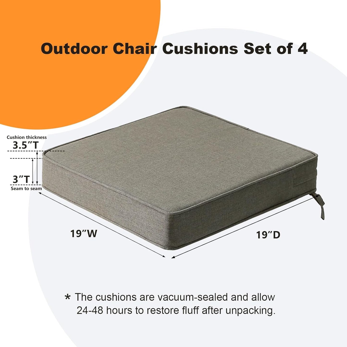 Sunbrella Square Corner Seat Cushions, 19" x 19" x 3", Set of 4, Indoor Outdoor Water Repellent Universal Chair Pads with Ties for Patio Furniture, Garden Dining Chairs, Cast Shale