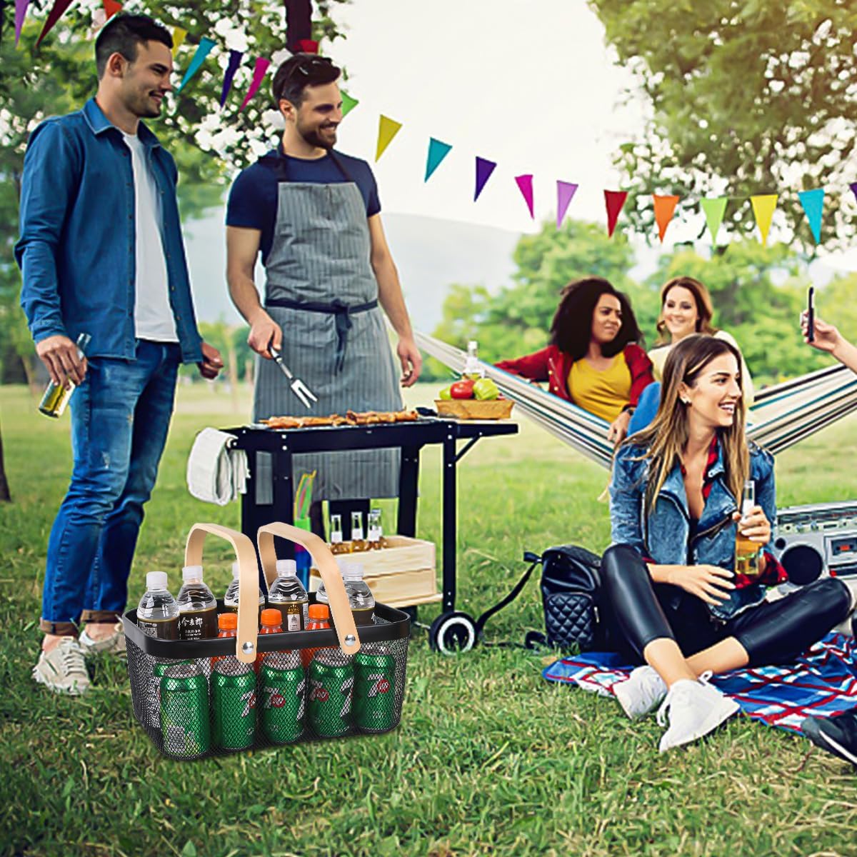 Portable Mesh Harvest Basket - Natural Bamboo Handle Foldable Organizer for Kitchen, Garden & Picnic | Ventilated Storage Bin with Rust-Proof Wire, Space-Saving Farmhouse Decor (Black)