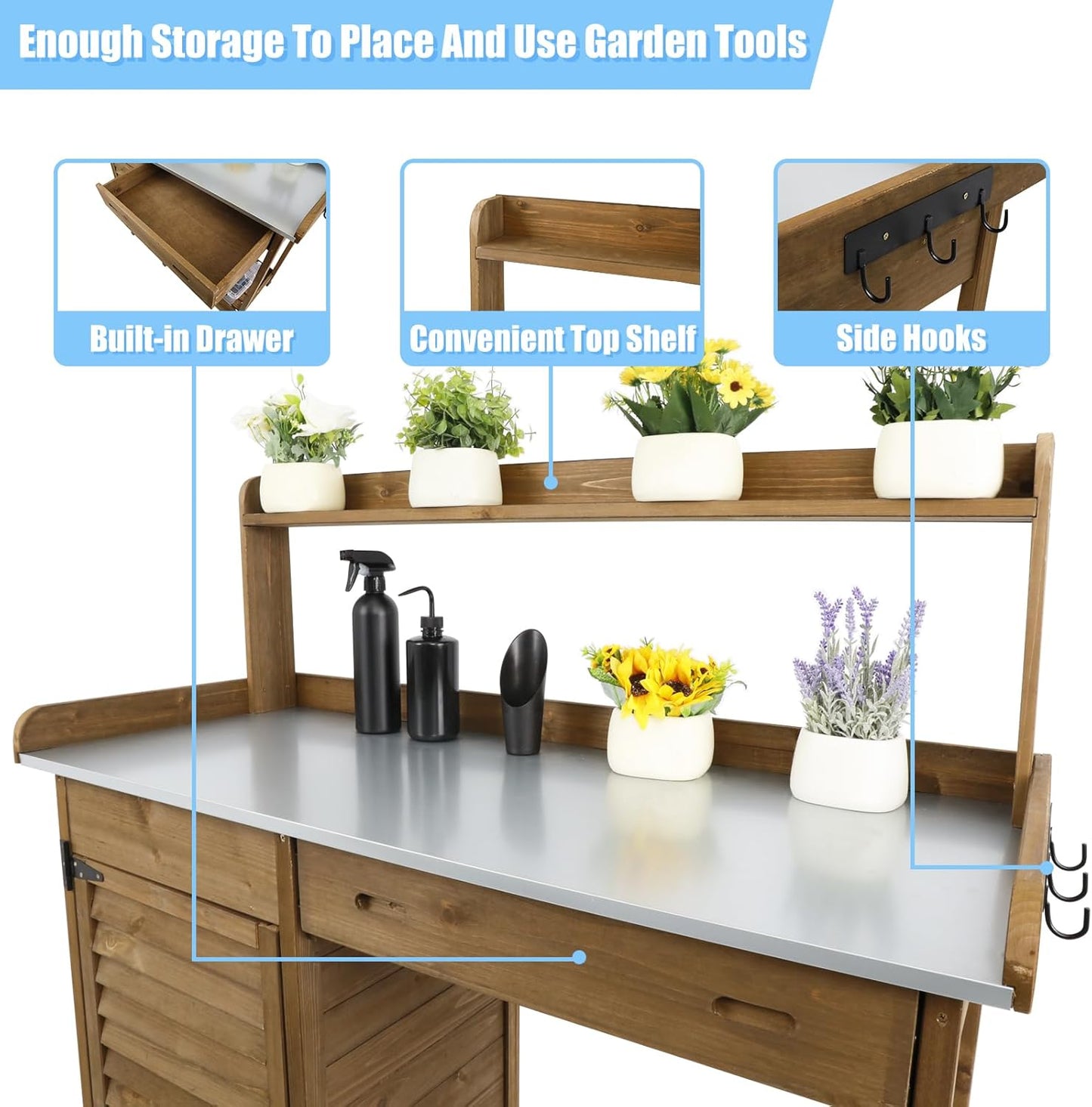 Outdoor Garden Potting Bench Table, 41" L Wooden Potting Table Work Bench for Horticulture, Waterproof Workstation Table with Metal Tabletop/Cabinet/Drawer/Open Shelf (Brown)