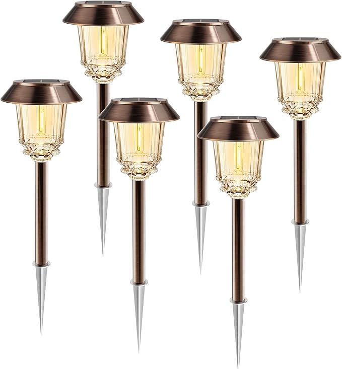 Solar Lights Outdoor Waterproof,6 Pack Bronze Pathway Lights with 10-40 LM Dimmable Glass and Metal, Solar Powered Garden Decor for Yard,Patio,Pathway,Driveway(Warm White)