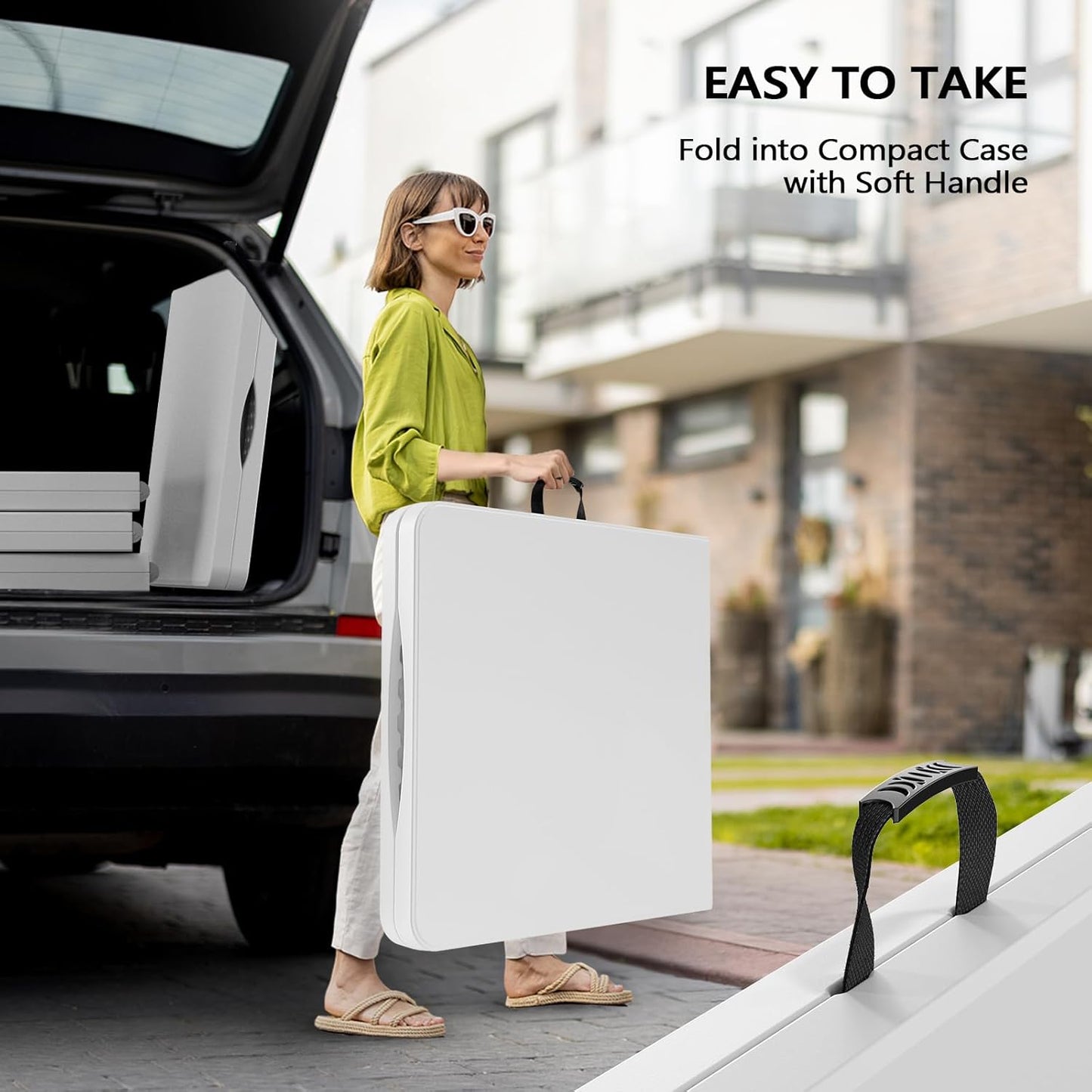 VINGLI 4 FT Plastic Folding Camping Table,3-Level Adjustable Height, Portable in/Outdoor Party Picnic Dining Desk, Garden Soccer Multipurpose Entertaining Activities，White