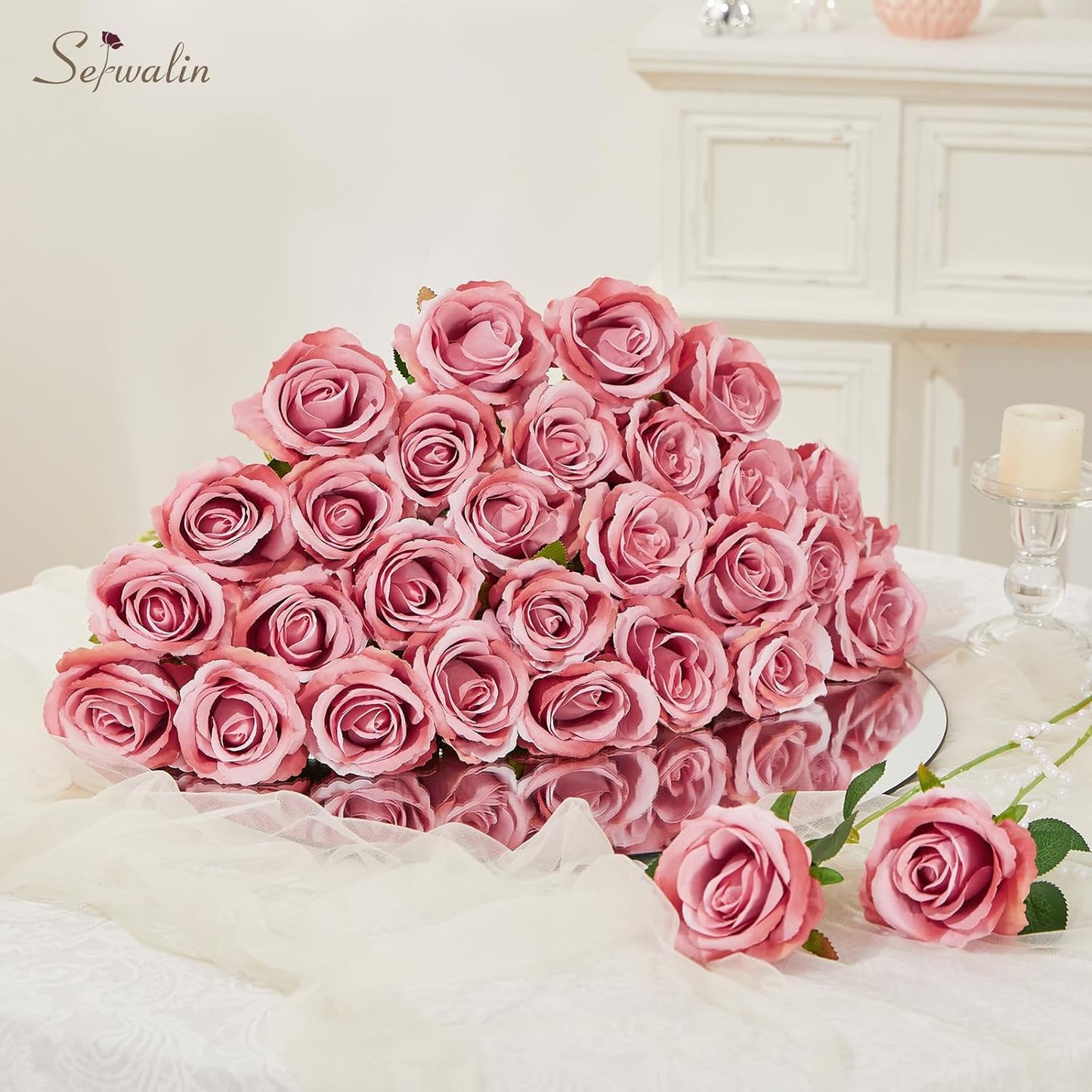 Serwalin 30pcs Artificial Roses Flowers, Dusty Pink Roses with Long Stems Realistic Fake Silk Roses Flowers for DIY Wedding Bouquet Centerpieces Party Home Table Decor