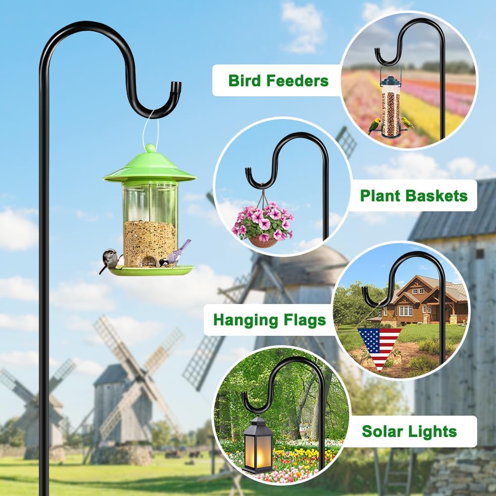 72" Shepherds Hooks for Outdoor, Heavy Duty Garden Bird Feeder Pole for Hanging Bird Feeder, Plant Baskets, Solar Light Lanterns, Outdoor Plant Hanger Hook with 7 Base Prongs,1 Pack