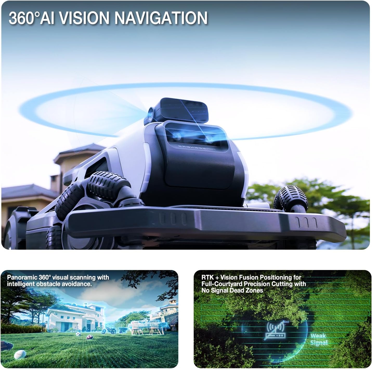 Robot Lawn Mower 21.9V 15000mAh 328.5Wh, 65% Slope, 2400㎡ Mowing Area, AI Vision & RTK Auto-Mapping, 1.18"-3.54" Cutting Height, Smart Collision Avoidance, APP Control, IPX6 Waterproof