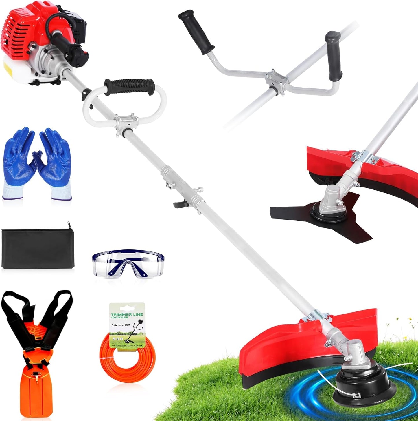 52 cc 2-Cycle Gas Powered Weed Eater, String Trimmer & Brush Cutter 3-in-1, 7,500 RPM Full-Crank, Low-Vibration Quick-Start Recoil, Detachable Shaft, Heavy Duty Weed Wacker (DE631)