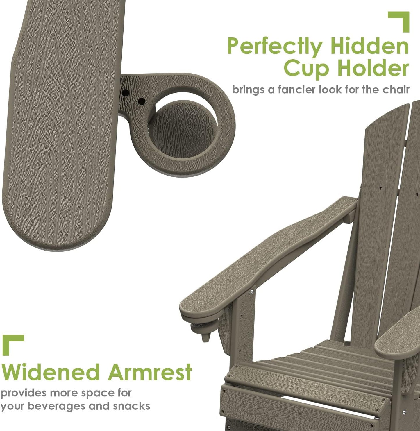 GREENVINES Folding-Adirondack-Chair | Wood Grain | HDPE Plastic | Fire Pit Chairs | All Weather | Cup Holder | Desert Brown | for Deck Backyard Patio Outdoor