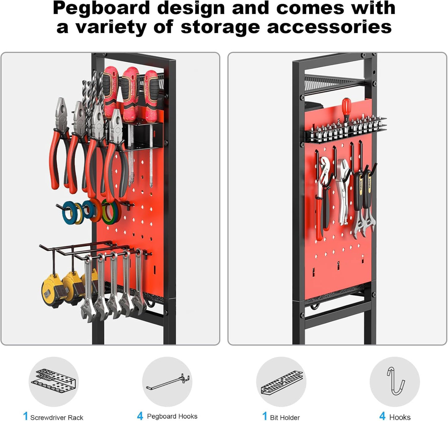 CCCEI Garage Power Tools Organizer Cart with Charging Station, Red Floor Standing Rolling Drill and Tools Battery Storage Cart on Wheels. Utility Rack Gift for Men, Husband, Father.