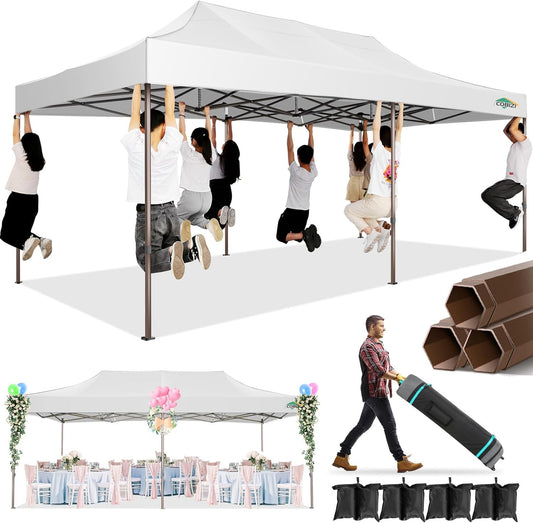 COBIZI 10x20 Pop Up Canopy Heavy Duty Without Sidewalls, Commercial Heavy Duty Pop Up Tent for Parties All Weather Waterproof and UV 50+ Wedding Tent with Roller Bag(Legs Upgraded),White