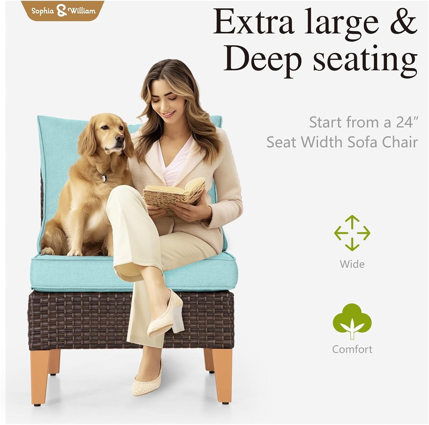 Sophia & William Patio Furniture Set with Fire Pit Table, 6 Piece Half Moon Outdoor Wicker Sectional Sofa Set, Rattan Conversation Set with 56-Inch Fire Pit Table for Backyard, Deck, Pool(Aqua Blue)