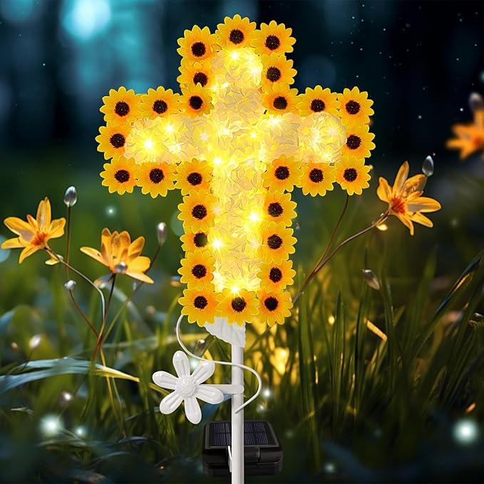 YJFWAL 2 Pack Solar Daisy Cross Garden Stake Lights, Yard Solar Lights Cemetery Decorations for Grave Outdoor Light Jesus Cross Sympathy Memorial Gifts for Grandmother, for Garden Yard Lawn Pathway