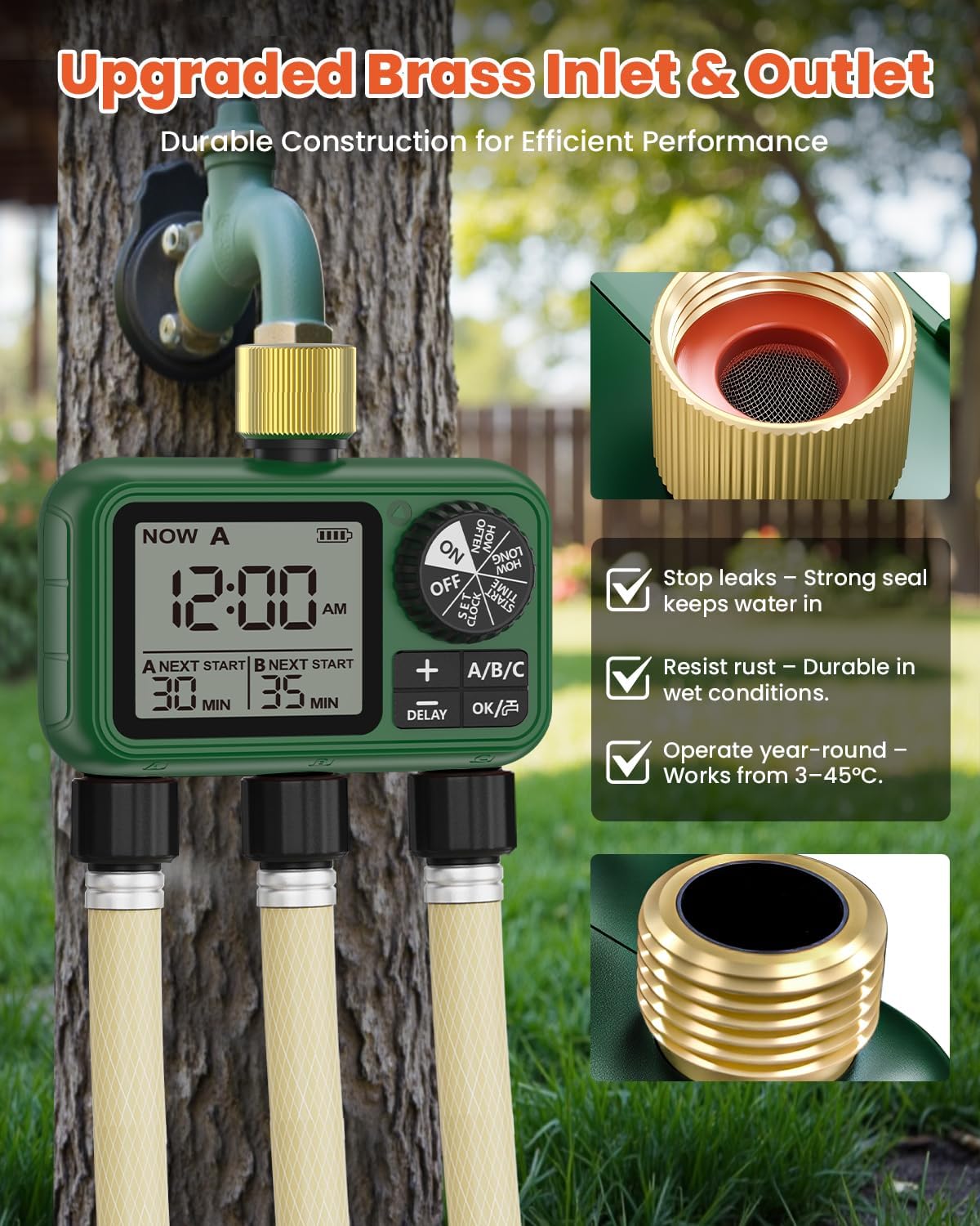 3 Outlet Sprinkler Timer Brass, XinFuture Programmable Water Sprinkler Controller for Yard, Lawn & Greenhouse, Automatic/Manual/Rain Delay Mode, Compatible with Drip Irrigation Systems