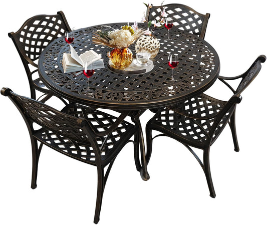 5 Piece Modern Outdoor Dining Set for 4, Bronze Aluminum Patio Table and Chairs, 48" Round Table with Umbrella Hole, Weather Resistant