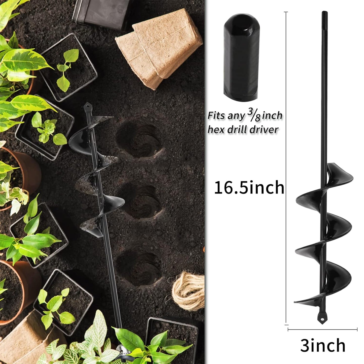 TCBWFY 4 Pack Garden Auger Spiral Drill Bits - 1.6"x9", 1.6"x16.5", 3"x16.5", 3"x12" - Heavy Duty Steel - Corrosion Resistant - Perfect for Post Holes, Earth & Lawn Augering,Planting Bulbs&Trees