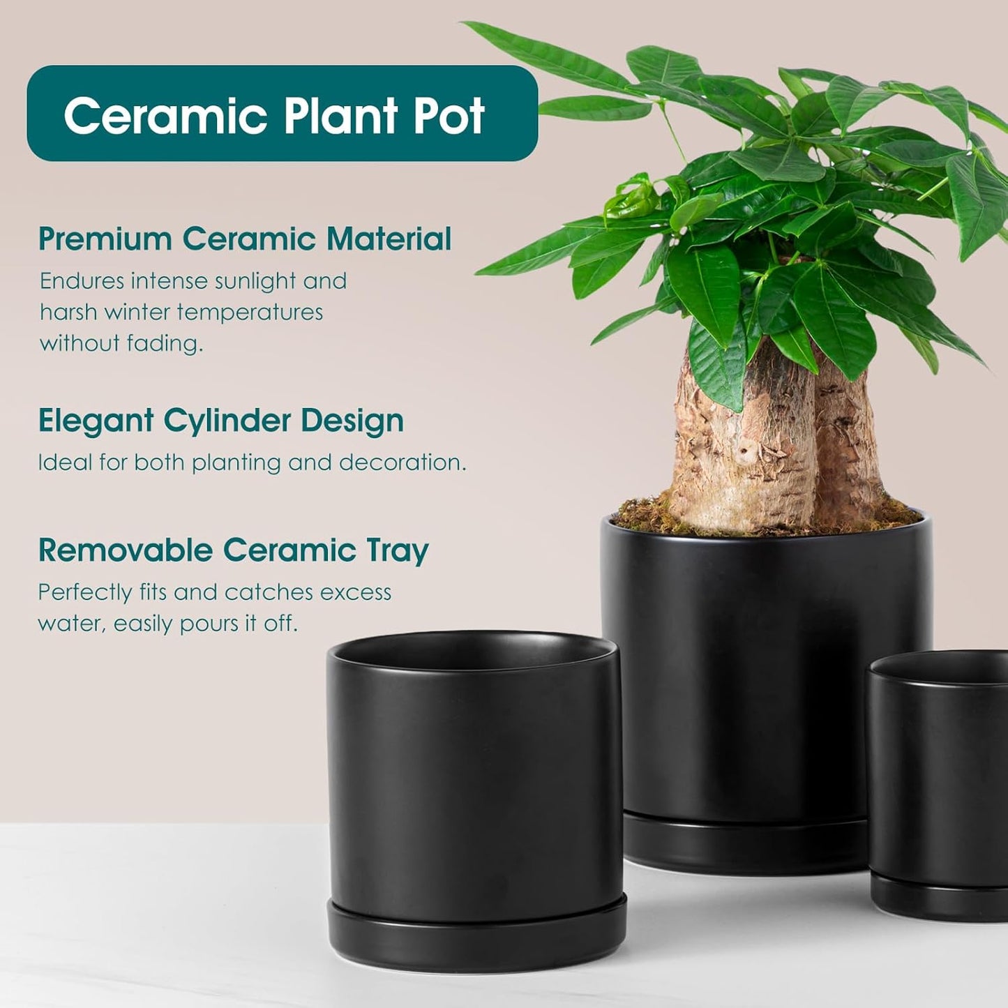vancasso Ceramic Plant Pots, 3 Piece Planters for Indoor Plants, 4.25+5.25+6.25 Inch Flower Pots with Drainage, Plant Pots Indoor for Succulent, Pothos, Snake Plant and Money Tree, Etc (Black)