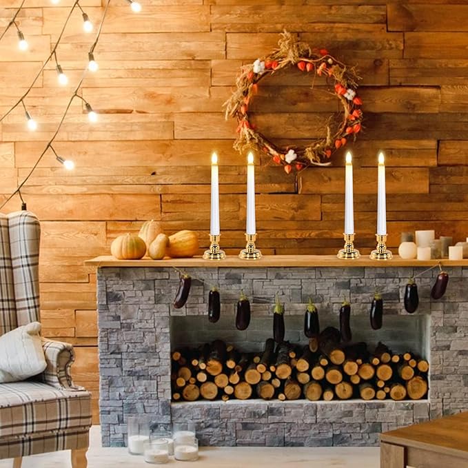 JOSU Taper Battery Operated Candles: 8PCS Flickering Flameless Candles with Timer - 3D Wick Fake Window Candle Outdoor +8 Gold Candlesticks, for Home Decor & Festival Celebration