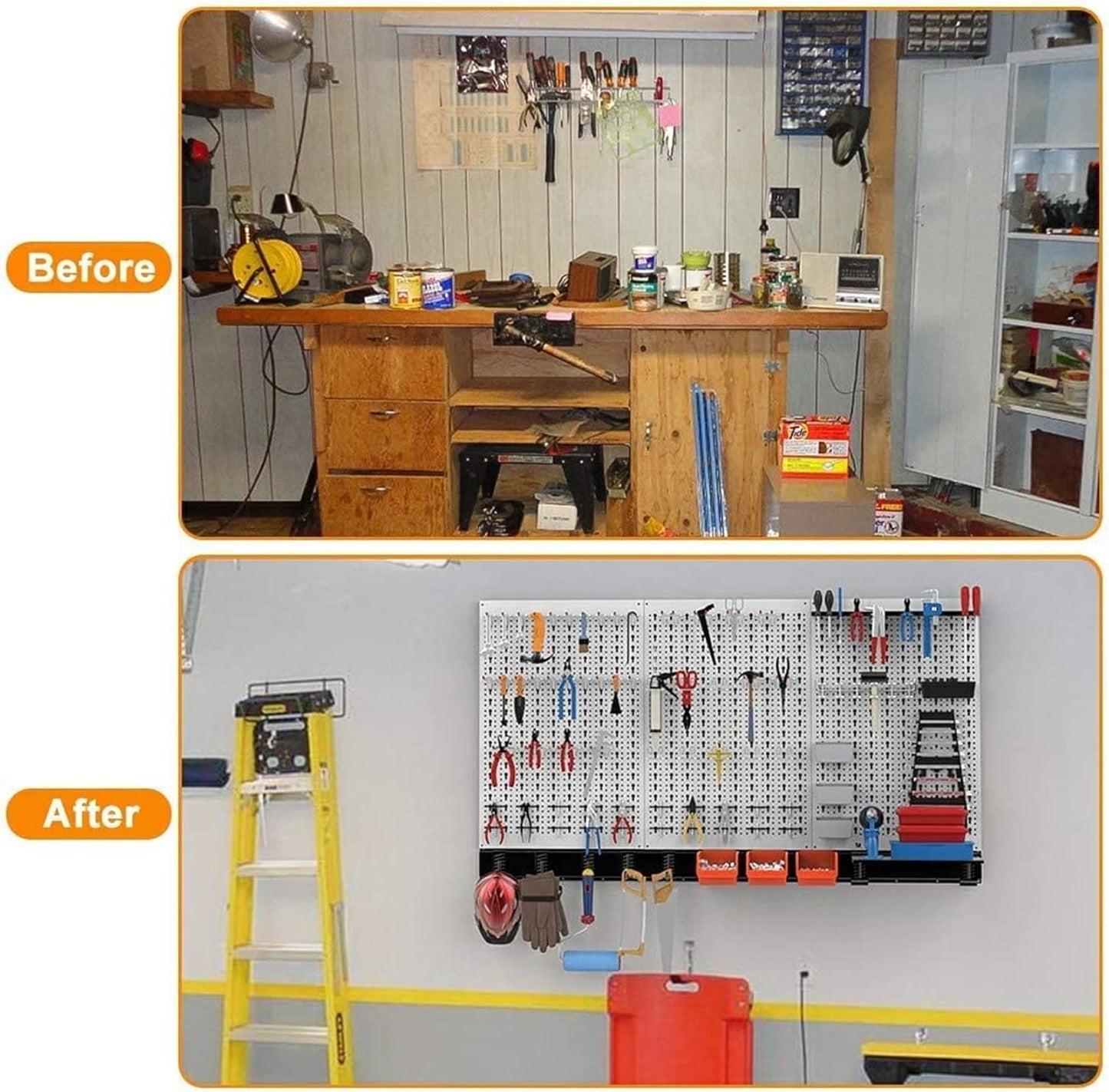 TORACK 109Pcs Pegboard Wall Organizer 4 ft. Garage Metal Pegboard Standard Utility Tool Storage Kit w/Toolboard Hooks & Pegboard Hooks Accessories, Wall Mounted Storage Bins & Shelf