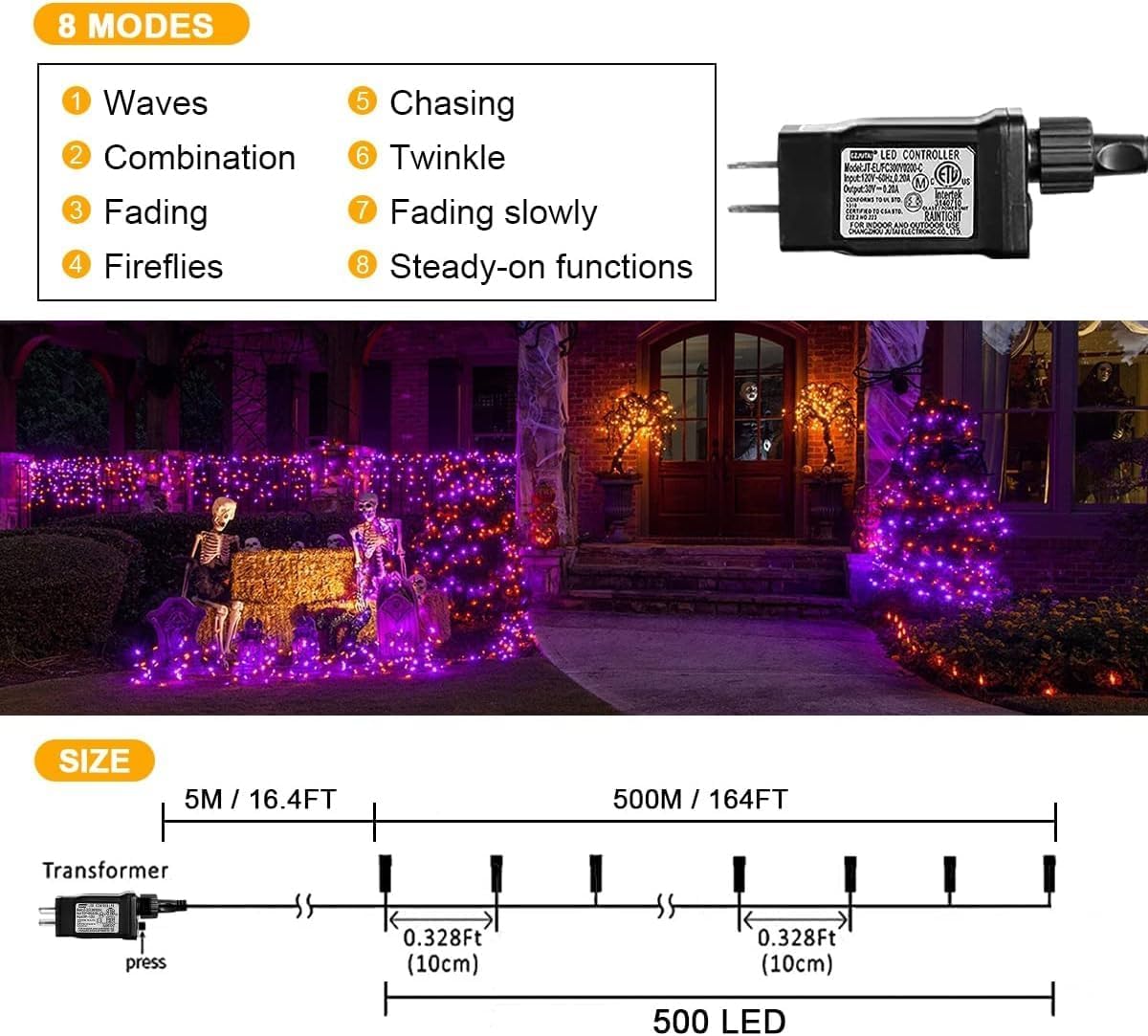 weillsnow 164FT 500 LED Halloween Lights, 8 Modes Waterproof Plug in String Lights for Halloween Indoor Outdoor Yard Party Wedding Garden Home Decorations (Purple & Orange)