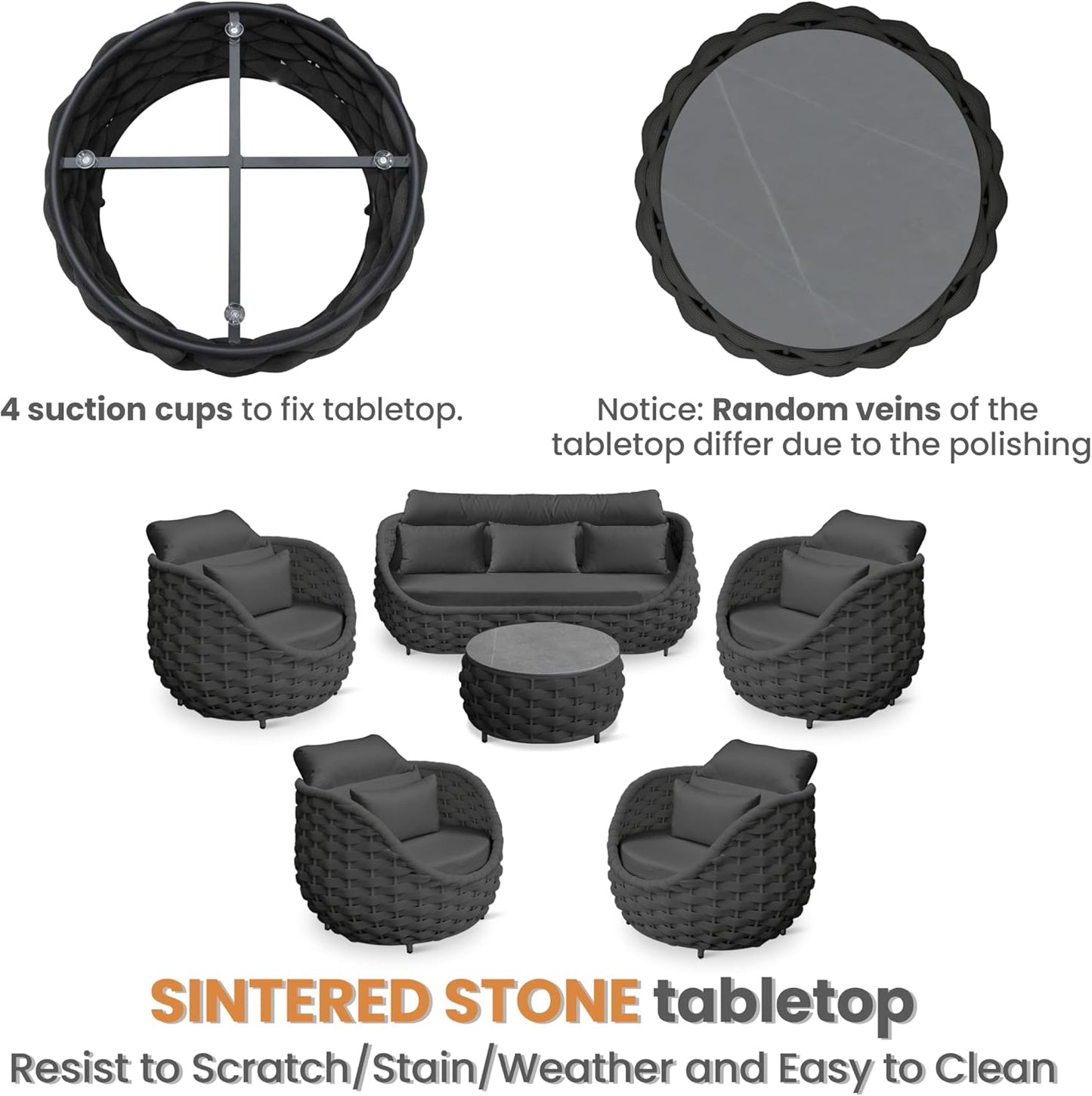 Aluminum Rope Patio Furniture Set: 6 Pieces Assembled Outdoor Conversation Sofa Set for 7 - Modern Metal Couch Set Cushioned - All Weather Porch Seating for Deck Garden Lanai Hotel, Dark Gray