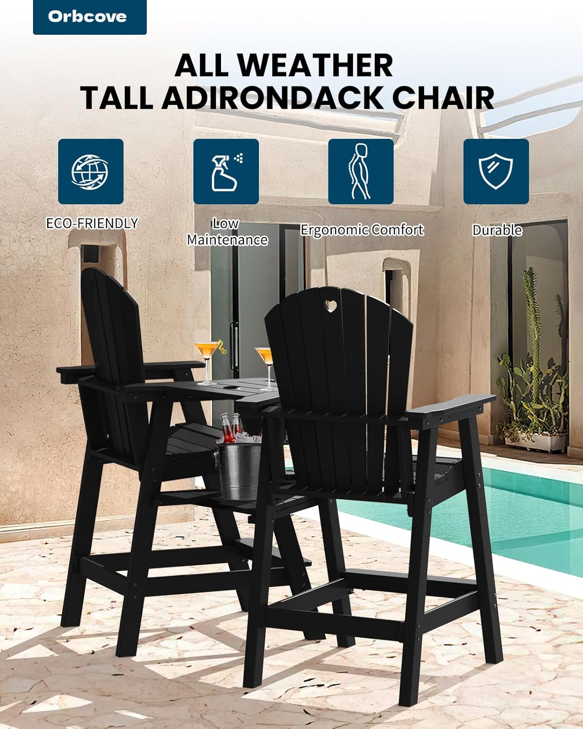Tall Adirondack Chairs Set of 2-Durable HDPE Outdoor Bar Stools with Double Connecting Tray, Weatherproof Patio Furniture for Poolside, Backyard, Deck & Lawn Relaxation (Black)