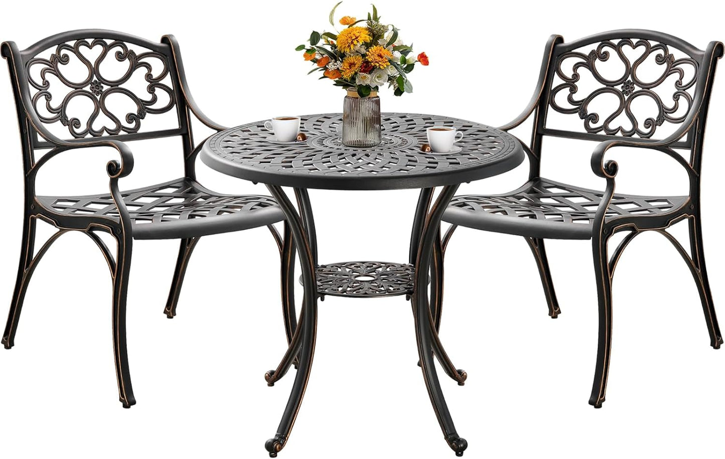 Bistro Set 3 Piece Outdoor Cast Aluminum Patio Bistro Set Patio Set Metal Bistro Table and Chairs Set of 2 with Umbrella Hole for Deck, Gardens, Bronze (Flower Backrest)