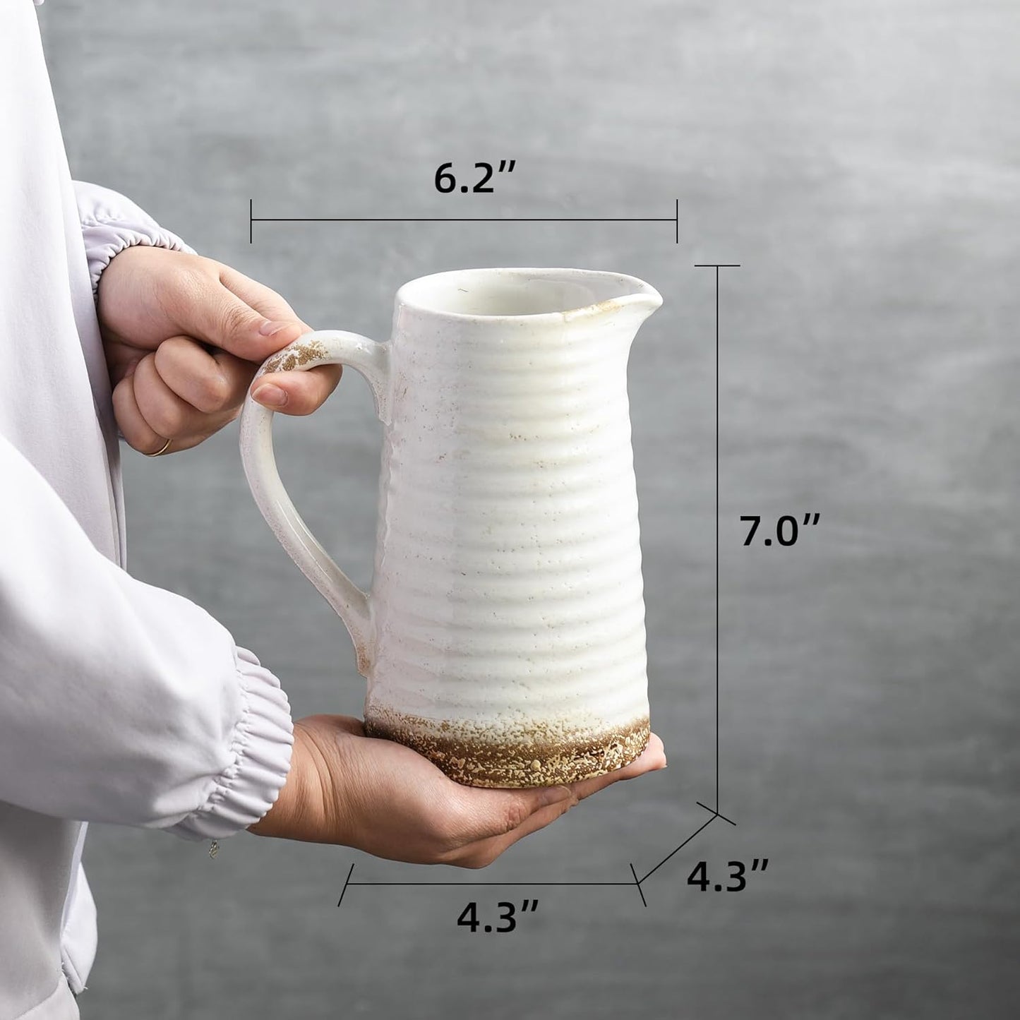 Quoowiit Ceramic Rustic Vase with Handle, White Distressed Decorative Farmhouse Pitcher Vase for Home Decor Living Room Bedroom Kitchen Office Shelf Decor Centerpiece Table Decoration