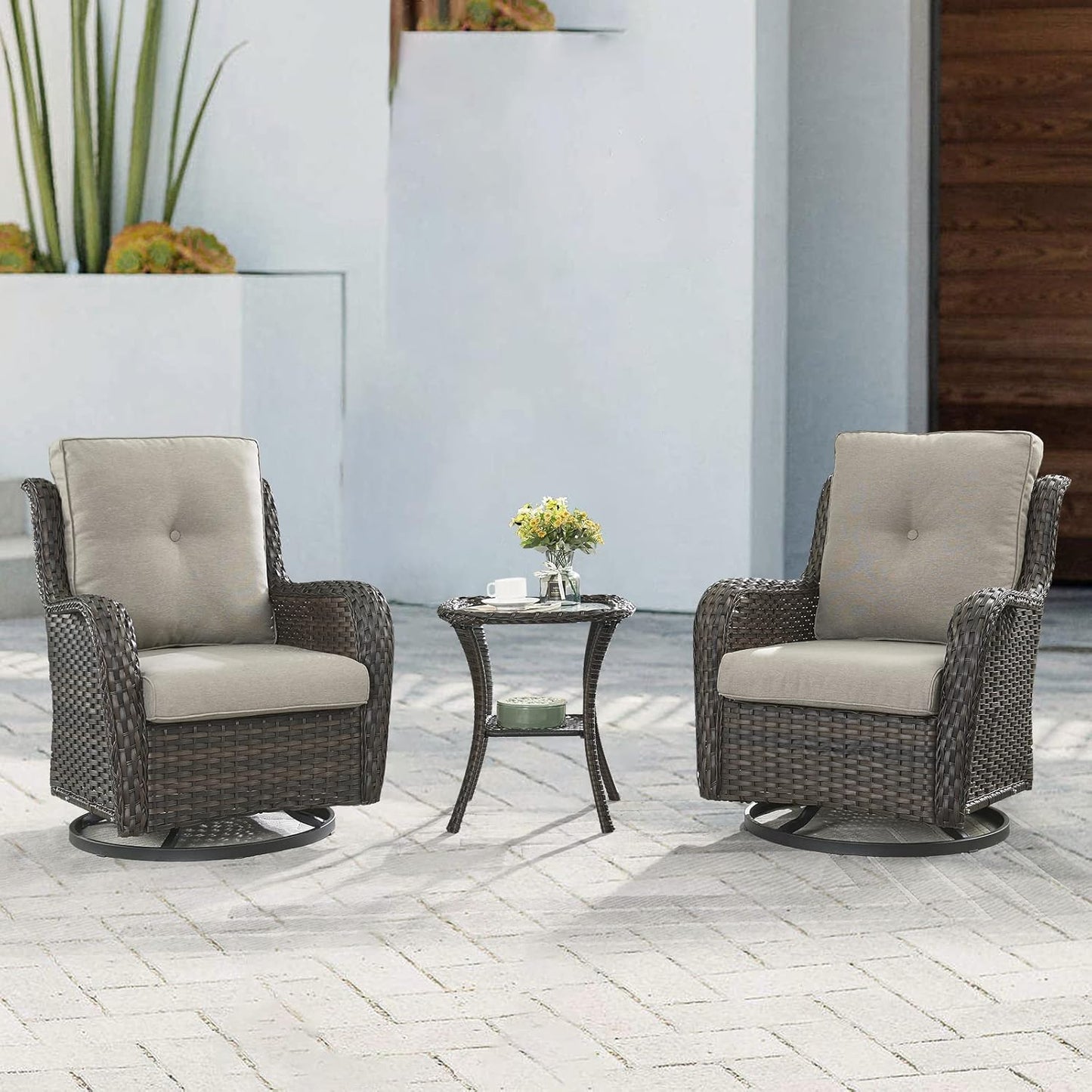 Outdoor Patio Swivel Rocker Chairs - 3 Piece Patio Bistro Set,Wicker Patio Furniture Set with 2 Swivel Rocking Chairs and 1 Glass Top Side Table for Deck Porch Garden,rown/Grey