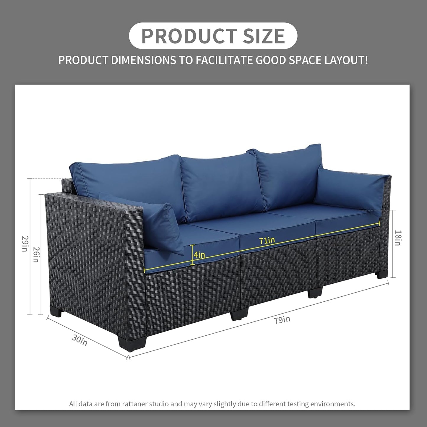 Rattaner Outdoor Furniture Outdoor Couch Patio Furniture 3-seat Sofa Deep Seat Hight Backrest with Waterproof Cover and Anti-Slip Cushions, Navy Blue