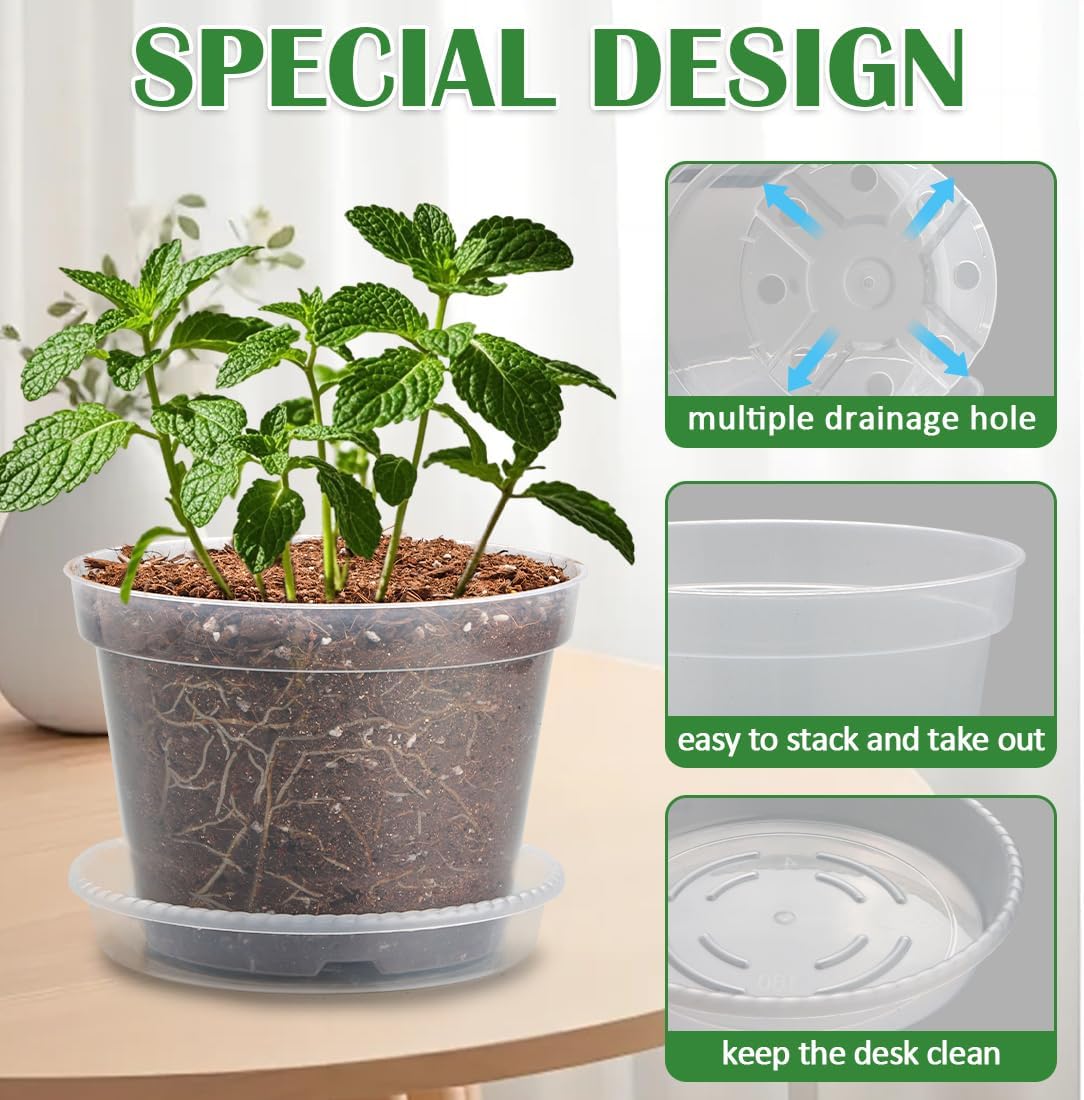 9 Pack 8/7/6 Inch Clear Nursery Pots for Plants with Saucer, Transparent Plastic Plant Pots with Drainage Holes, Sturdy Seedling Starter Pot, Garden Planter Pot for Succulents Flowers Herb Vegetables