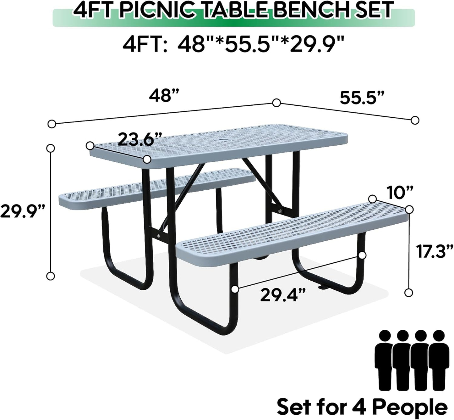 4FT Metal Picnic Tables for Outdoors, Commercial Rectangular Picnic Table and Bench Set for Outside, Patio, Garden, Backyard, Porch, Surface Mount, Grey